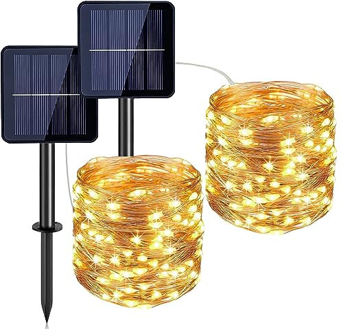Probuk 2PCS Guirlande Lumineuse Solaire 12M 100 LEDs Blanc Chaud Lampion Solaire avec 8 Modes,IP65 Etanche Intérieur Extérieur Décoration Lumiere pour Fête,Jardin,Mariage,Noël,Anniversaire,Terrasse