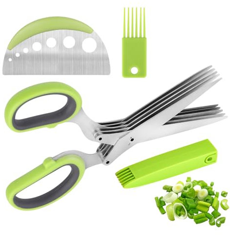 Jasfyee Forbici per erbe aromatiche, in acciaio inox, multi lama, per triturare alimenti, forbici da cucina con 5 lame e coperchio e pettine per tagliare erbe aromatiche