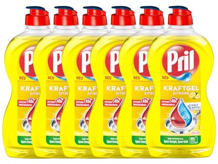 PRIL Kraft Gel Zitrone (6x 450 ml), Handgeschirrspülmittel mit höchster Fettlösekraft, für sauberes Geschirr auch in kaltem Wasser, frischer Zitronenduft