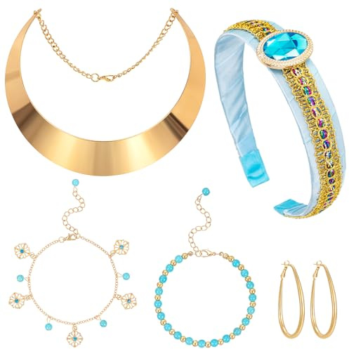 BTHRORO Prinzessin Jasmin Kostüm Damen, Prinzessin Aladdin Stirnband Ohrringe Kette Armband Kostüm für Fasching Halloween Karneval Party Bühnenauftritt Geburtstag Verkleidun