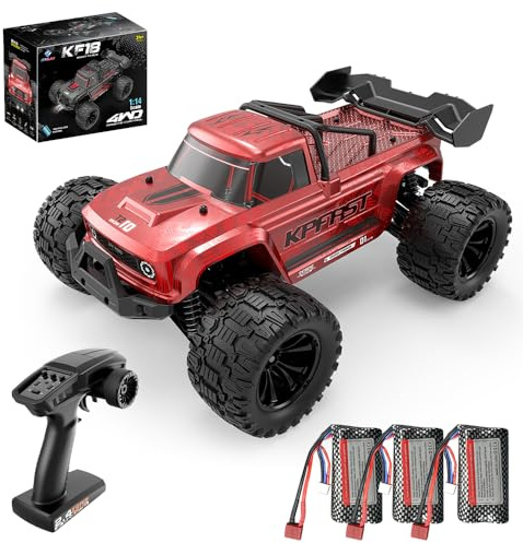X-Verse KF18, 1:14, fjärrstyrda bilar, borstlös, 70 km/h, snabba RC bilar, 2,4 GHz 4WD All Terrain Offroad RC Truggy RC lastbil för vuxna, 3 batterier (röd)