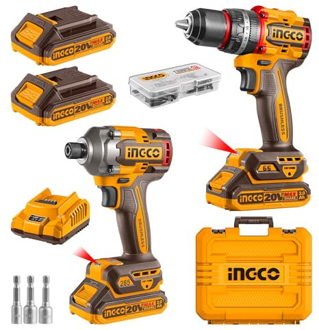 INGCO Visseuse à Chocs Sans Fil et Perceuse Visseuse à Percussion Compact Sans Fil, 20V, Moteur Sans Balais, avec 2 Batteries 2,0 Ah et 1 Chargeur CKLI20277