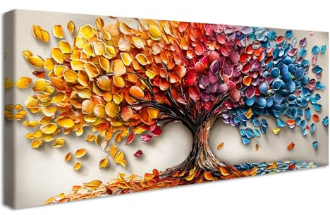 Marco de Madera Grandes Cuadros Decoracion Salon Lienzo Decorativo Abstracto Árbol Rojo Amarillo Azul Pintura Colorido Árbol de la Vida Cuadros Decorativos Salon Dormitorio Restaurante 50x120cm