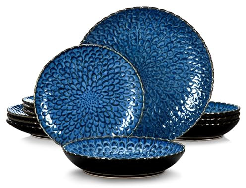 LYXYGMV Vajilla Tablewar Vajilla de cerámica de 12/24 Piezas Vajilla de cerámica Texturizada Juego Combinado Servicio for 6/12 Personas Vajilla(Blue,24 pcs)