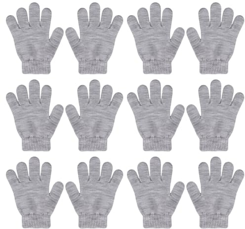 QKURT 6 par stickade vinterhandskar för barn, hela fingerhandskar, varma handskar för flickor 5–13 år, Ljusgrå, one size