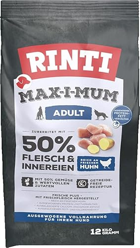 RINTI - MAX-i-Mum | Alimento seco para Perros Adultos con 50% de Carne y despojos. Alimento Completo sin Cereales en Bolsa con una relación equilibrada de proteínas/Grasas, 12 kg de Pollo