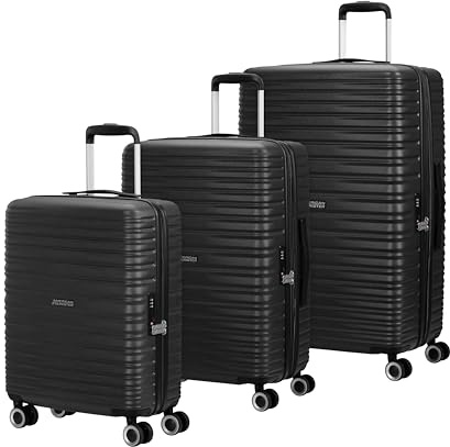 American Tourister Aerotech - Ensemble de 3 valises à Coque Rigide (Bagage à Main, Moyen, Grand), Extensible, Set à roulettes avec Serrure TSA, Noir (Noir métallisé)