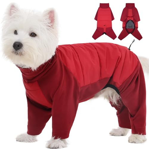 ROZKITCH Fleece Dog Coat for Small Medium Dog, Pullover Pajamas Jumpsuit Bodysuit Coats with 4-Legs, Pet Windproof Warm Cold Weather Jacket Full Body Vest Cozy Snowsuit Outfit Clothes Red M