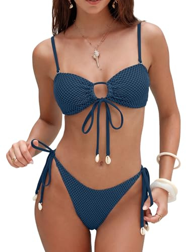 ZAFUL Women's Bandeau Bikini Set O Ring Fishnet String Swimsuit Seashell Tie Side Two Piece Bathing Suits(1-Haze Blue, M)