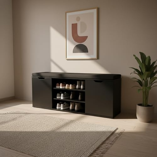 BOXIMO Schuhbank mit Sitzfläche, Schwarz, 103 x 30 x 46 cm, MDF und Polyester Konstruktion