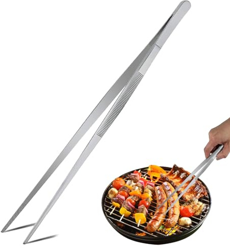 12 Inch Stainless Steel Kitchen Metal Tongs, Extra Long Tweezers Heat Resistant Cooking Tweezers with Ergonomic Handle, Heavy Duty BBQ Grilling & Cooking Tongs for Baking, Multipurpose Kitchen Utensil