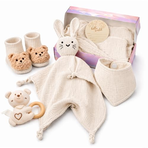DRAKEWOOD Beige 6 en 1 Canastilla Bebe Recien Nacido Unisex con Toalla Baño Babero Triangular Calcetines Sonajero Tarjetas de Hitos y Mantita de Apego Gato - Set de Regalo Nacimiento para Niña Niño