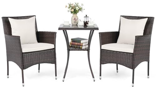 COSTWAY Conjunto Mesa y Sillas Jardin, Mesa y Sillas Terraza Exterior de 3 Piezas,Mesita de Cristal Templado de 2 Nivel,Muebles de Conversación para Exteriores con Cojines para Porche Piscina
