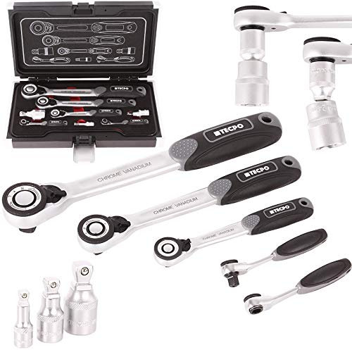 TECPO Feinzahn Umschaltknarren Set mit Kipp Verlängerung 8-teilig Werkstatt Ratsche 1/2 3/8 1/4 Zoll 72 Zähne Knarre