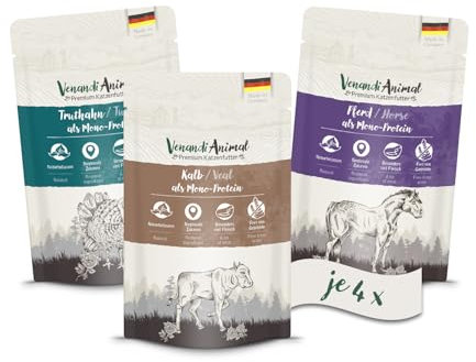 Venandi Animal - Premium Nassfutter für Katzen, Probierpaket II, Pferd, Kalb, Truthahn, 12 x 125 g (12er Pack), getreidefrei und naturbelassen