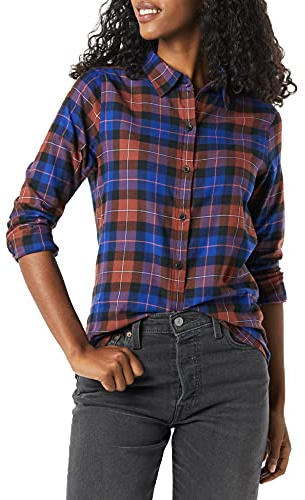 Amazon Essentials Camicia da donna in flanella scozzese leggera a maniche lunghe con vestibilità classica, multicolore con finestra, XL
