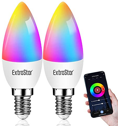 EXTRASTAR Lampadina Alexa E14 Wifi,2700k-6500k,Lampadine LED Intelligence RGBCW 6W Wifi, Compatibile con Alexa e Google Home, 2 Pcs