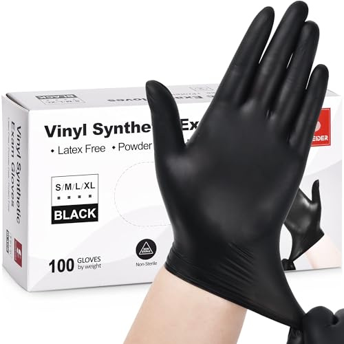 Schneider Black Vinyl Synthetic Exam Gloves, 4 Mil, Large, Disposable Gloves Latex-Free, Plastic for Medical, Cooking, Cleaning, and Food Prep, Surgical Powder-Free, Non-Sterile, 100-ct Box (L)