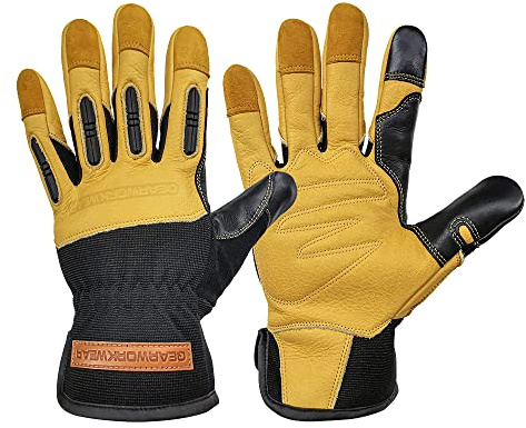 QEARSAFETY 1 Paar Sicherheitshandschuhe aus Rindsleder, Handflächenpolsterung, Schlagschutz, Touchscreen-Schutz, Mehrzweck-Handschuhe, Größe L