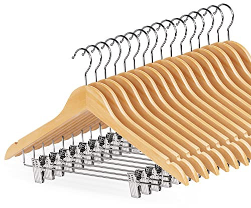 HOUISM 16 Pack Wooden Hangers with Clips, Natural Smooth Finish 360° Swivel Hook, Clothes Hangers for Blouse, Dress, Coat, Jacket, Skirts