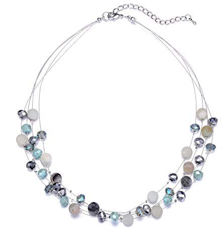 Bulinlin Damen Silber Perlenkette mit Kristall Statement Mehrreihige Boho Choker Halskette Modeschmuck Geburtstagsgeschenke für Frauen（15-Amazon Green）