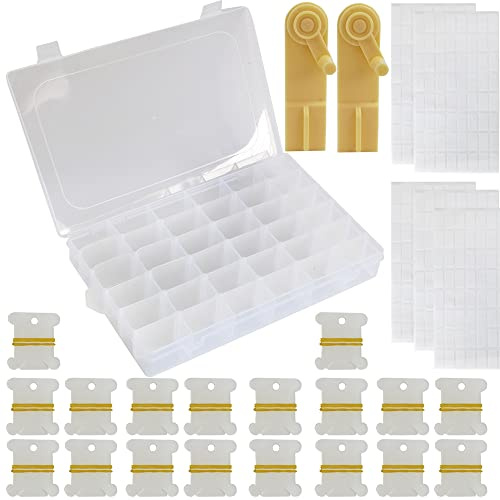 Caja Organizadora de Hilo de Bordar，36 Compartimentos Organizadora de Punto de Cruz 200 Bobinas de Pástico para Hilo y 2 Bobinadora y 256 Pegatinas en Blanco para Bordar Coser Artesanal DIY