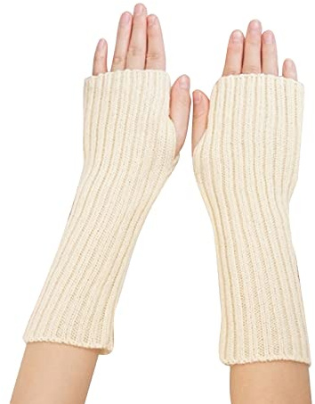 Suxgumoe Calentadores de brazos para mujer, guantes de punto de manga larga sin dedos, calentadores de muñeca de invierno con agujero para el pulgar para mujeres y niñas, A Beige., talla única