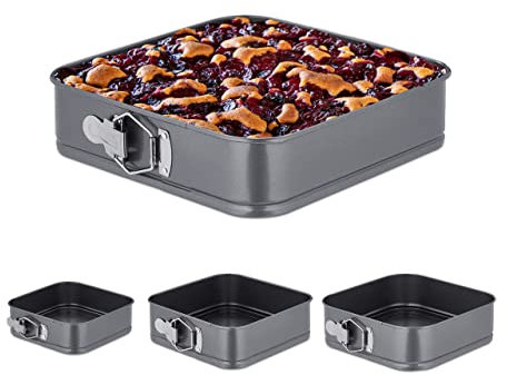 Relaxdays Springform 4er Set, quadratisch, 15, 18, 22, 26 cm, Edelstahl, antihaftbeschichtete Backformen, anthrazit