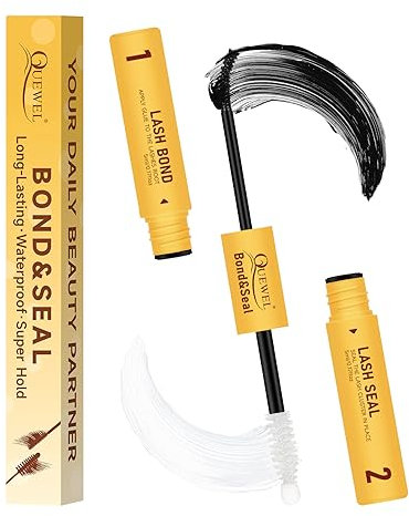 QUEWEL Colle et scellant pour cils, colle pour cils imperméable, permanente et protection pour extensions de cils à la maison, tête de brosse améliorée pour une utilisation plus facile.
