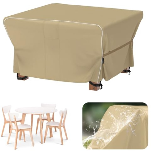 Velway Coperture per Mobili da Giardino Impermeabile: 125x125x74cm Copertura Tavolo Esterno Anti-UV Tessuto Oxford 600D con Strisce Riflettenti Antivento Telo Copri Tavolo Arredo Quadrato - Cachi
