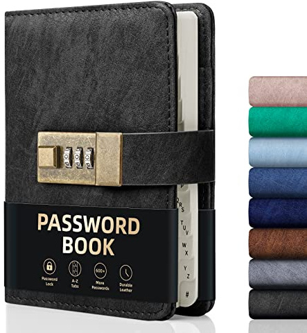 WEMATE Livre de mots de passe Verrouillable,Livre de mots de Passe Alphabétique,plus de 600 Espaces pour les mots de Passe, Organisateur de Codes,Noir