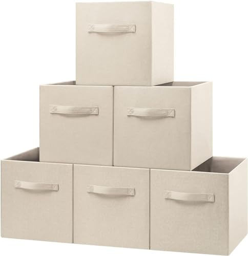 BinWhiz 6 Pack 28x28x28 cm Fabric Storage Organizer Bins, Foldable Cube Container Box for Shelves, Closet, Wardrobe, Bookcase, Drawers, Home Deco (Beige)