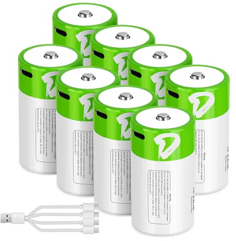 letoom D Batteries Rechargeable 8 Pack with4 in 1 USBC Charging Cable D Size Cell Lithium Batteries 7500mWh 1.5V for Flashlights, Toys, and Floodlights