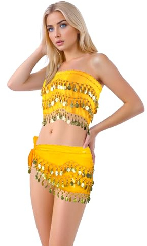 Baisdan 2 Pièces Ceinture Danse Orientale Femme, Jupe Danse Orientale et Foulard Danse Orientale avec Pièces d'or, Idéales pour Danse du Ventre, Zumba, Yoga Latin