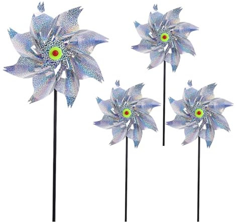 OUDQFCJ 4 piezas Molino de Viento Reflectante Anti Vogel para Control de Aves, Repelente, Molino de Viento Antipájaros, Molinillo de Viento para Jardín y Granja (Plata)