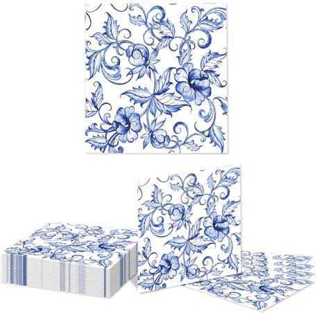 Kotkiddy 20 Piezas de Servilletas de Papel con Diseño Floral Azul Estilo Porcelana Azul y Blanco para Fiesta de Cumpleaños, Boda, Celebración