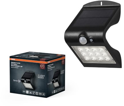 OSRAM ENDURA BUTTERFLY solstrålkastare, svart, 1,5W, 200lm, rörelse- och ljussensor, utomhusljus, laddningsbart batteri, miljövänlig, lång livslängd, lätt att installera, IP65, 4000K.
