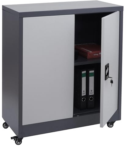 Aktenschrank HWC-O50, Büroschrank Stahlschrank mit Rollen, 2 Türen abschließbar, Stahl 98x80x40cm - dunkelgrau hellgrau