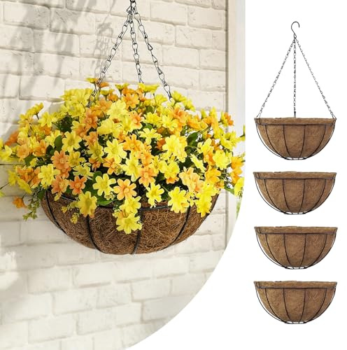 Bamworld 4 Maceteros de Fibra de Coco con Cadena para Interiory Exterior Plantasy Flores Balcón Jardín Marrón 28L Volumen 30cm Diámetro