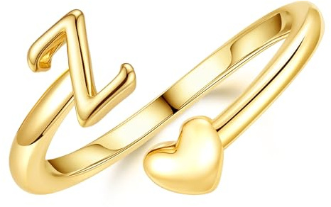 TINGN Anillo de oro para mujer y niña, chapado en oro de 14 quilates, resistente al agua, anillo de corazón con letras, anillo apilable, apilable, anillo de promesa, anillo para el pulgar, declaración