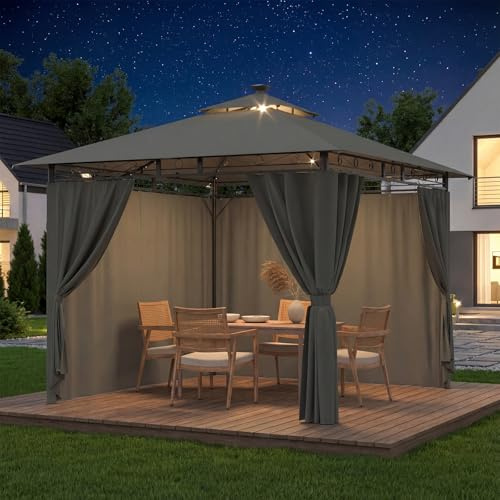 Devoko Garden Pavillon 3x3 Wasserdicht Stabil Winterfest Deluxe Gazebo, UV-Schutz 50+ Doppellagiges Grilpavillons mit seitenwänden für 4-8 Personen, Partyzelt für Freizeit, Partys,Grau mit LED
