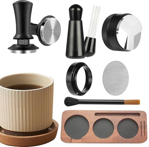 Kit di utensili per caffè espresso, gadget da cucina portatile, legno + acciaio inossidabile + alluminio + ABS + cuscinetto in silicone, 963 g, kit manomissione con base in legno 24 x 9,4 cm,