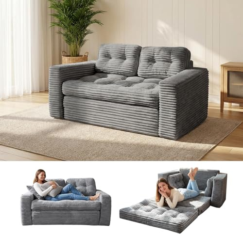 GreenWhim 2-in-1 Convertible Sofa Bed, Grey Corded Fabric Loveseat Futon with High-Density Foam, Folding Floor Couch for Small Spaces (Dark Gray)