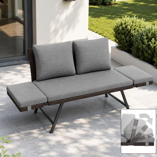 Fiutazge Canapé de Jardin Extérieur 2 Personnes en Poly Rottin avec Accoudoirs Réglables, Salon de Jardin Modulable pour Terrasse Balcon Patio,Chaise Longue avec Coussins Déhoussables-Gris