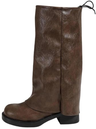 HEMNACU Bottines en jean pour femme avec tige haute, bottes traditionnelles vintage, faciles à enfiler, talon carré, bottes longues en daim, élégantes et confortables