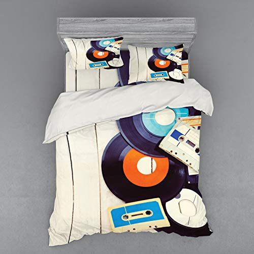 Ambesonne Indie Duvet Cover Set, Gramophone Records and Old Audio Cassettes on Wooden Table Nostalgia Music, 4 Piece Bedding Set with Shams and Fitted Sheet, Queen Size, Blue Orange Black