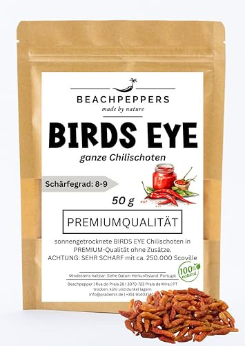 Birds eye Chili 50 g de gousses séchées | Chili séché | convient pour la sauce chaude et la sauce chili | Hot Ones Chili Birdseye Chillischoten | Parfait pour le moulin à chili Chili Très piquant