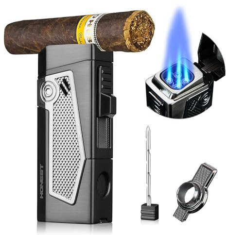 PROMISE Accendino Storm, 4 getti di fiamma, accendino antivento, accendino a gas ricaricabile al butano (Nichel nero)