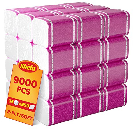 Shefa 9000 pcs Toilet Tissues Bulk Paper Box - 36 Flat Box with Grab-and-Go Opening, 2-Ply Soft Tissue for Bathroom, Home, Office, & Classroom Use