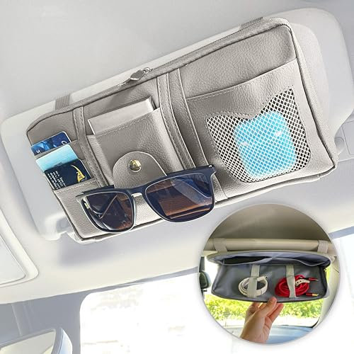MyGadget Organizador de Parasol de Coche de Cuero Sintético - Con Bolsillo interior - Accesorio para Automovil para Ordenar Cosas - Ideal en Viaje - Gris